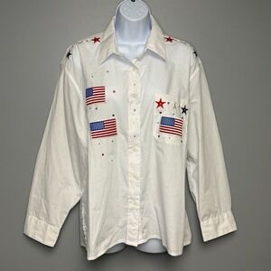 VTG Mili Designs America USA Rhinestone Flag Oversize Button Up Top Womens Sz PM